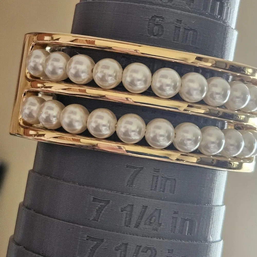 Gold Tone Cream Faux Pearl Double Layer Hinged Bangle Bracelet Approx 6.75